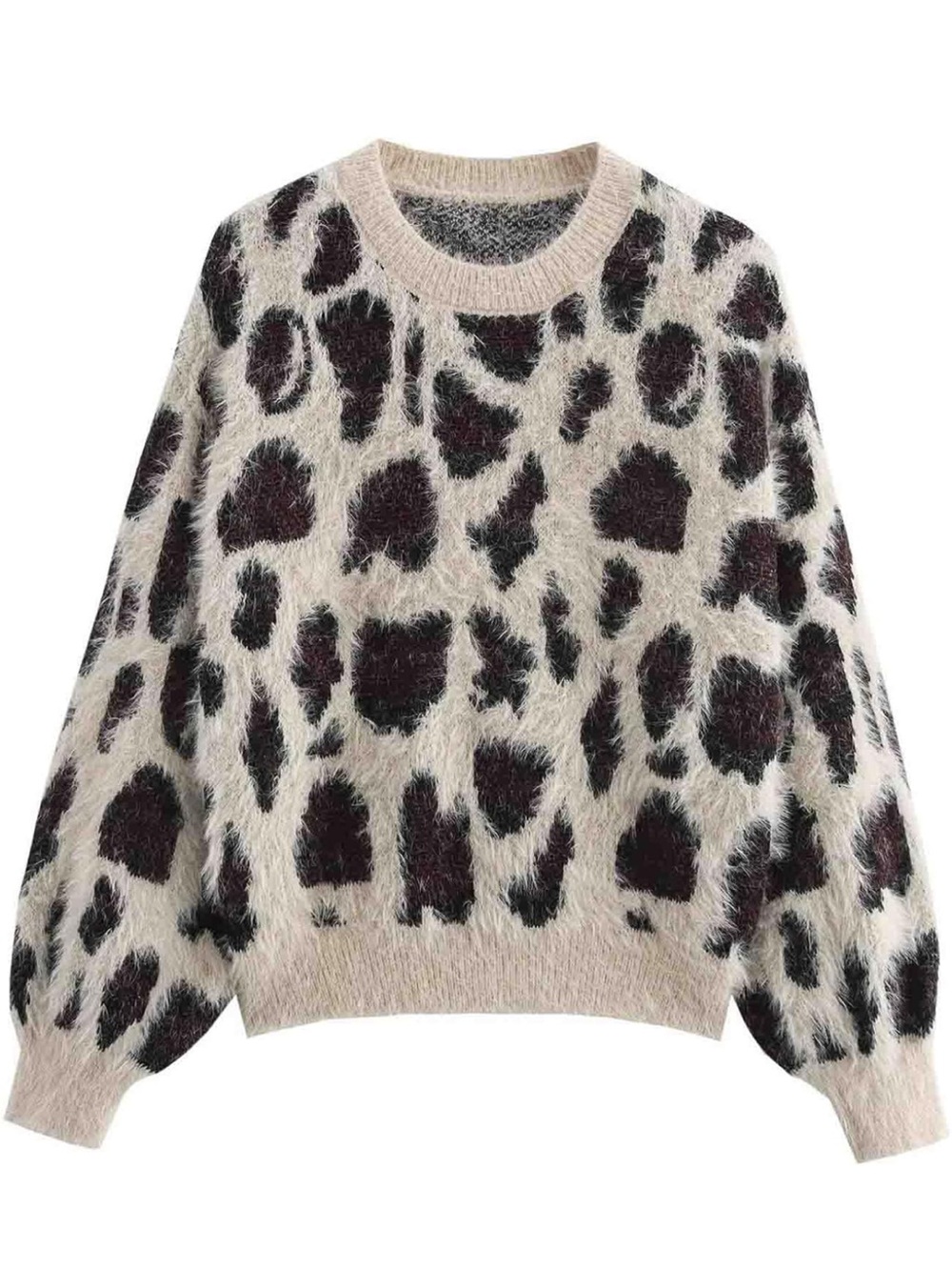 Cool Girl Animal Print Crewneck Sweater in Cream + Dark Brown/Black [Size Large]
